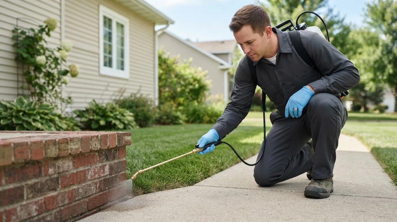 Pest control technician treating a home near Mccomb, OH