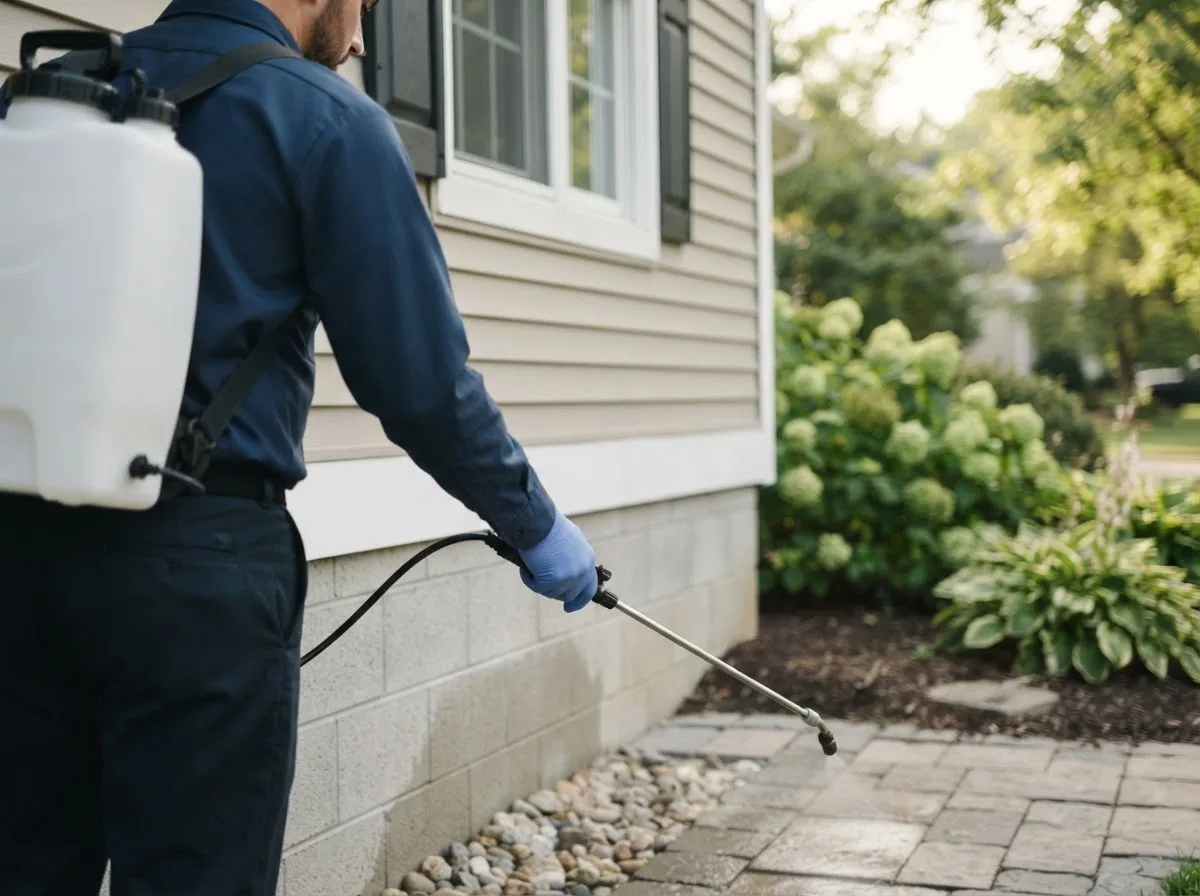 Pest control technician inspecting a home in Mccomb, OH